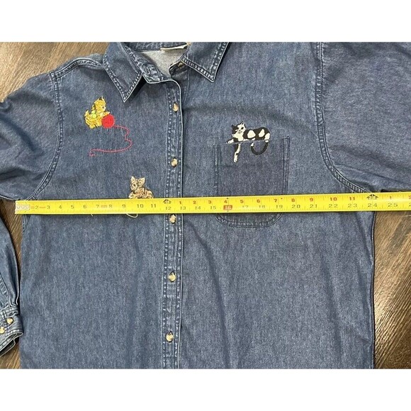 Vintage Cat Lady Shirt Women’s XL Tall Embroidered Denim Cabin Creek Button 90s - Picture 8 of 8